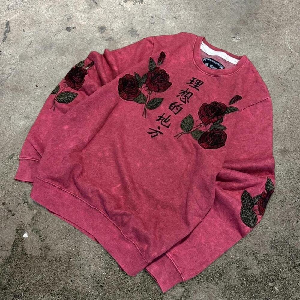 Blind Rooster Rose Embroidered Acid Wash Sweatshirt Red Kanji Streetwear Men's M - Picture 1 of 4